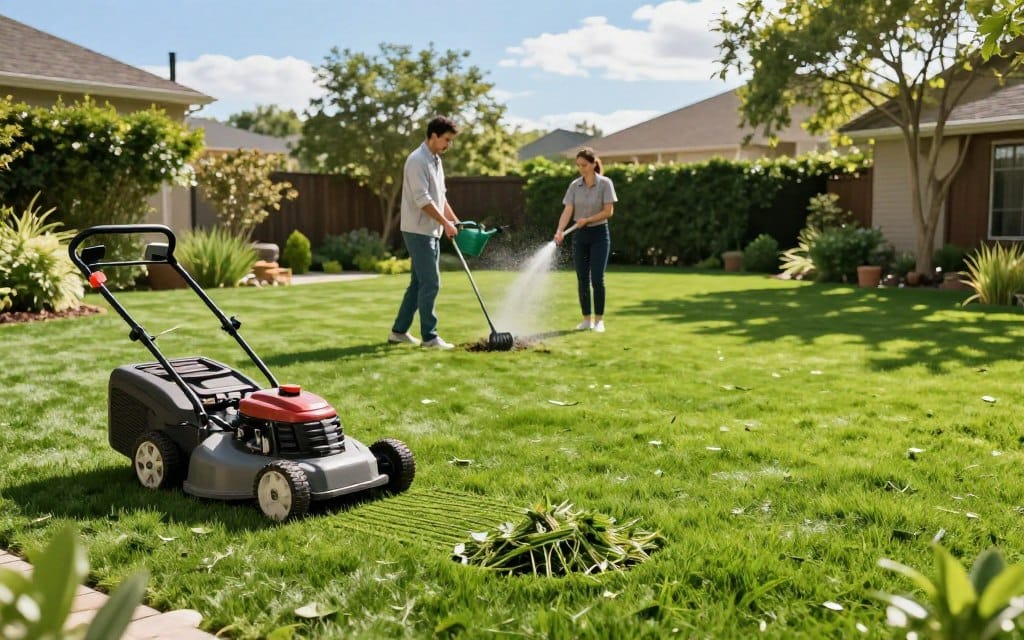 A tranquil suburban garden scene showcasing vibrant green sod in perfect condition as the focal point. In the foreground, a well-maintained lawn mower rests beside a neatly raked pile of grass clippings, symbolizing lawn maintenance. In the middle, a diverse team of two professionals—one in smart casual attire and the other in light workwear—demonstrates proper lawn care techniques, such as watering and aerating the soil, with tools like a watering can and an aerator. The background features a sunny, clear blue sky with soft clouds, casting dappled sunlight across the lush grass. The atmosphere is serene, emphasizing the rewarding experience of achieving a healthy lawn. The angle is slightly elevated, capturing the entire scene while providing depth and perspective. A tranquil suburban garden scene showcasing vibrant green sod in perfect condition as the focal point. In the foreground, a well-maintained lawn mower rests beside a neatly raked pile of grass clippings, symbolizing lawn maintenance. In the middle, a diverse team of two professionals—one in smart casual attire and the other in light workwear—demonstrates proper lawn care techniques, such as watering and aerating the soil, with tools like a watering can and an aerator. The background features a sunny, clear blue sky with soft clouds, casting dappled sunlight across the lush grass. The atmosphere is serene, emphasizing the rewarding experience of achieving a healthy lawn. The angle is slightly elevated, capturing the entire scene while providing depth and perspective.