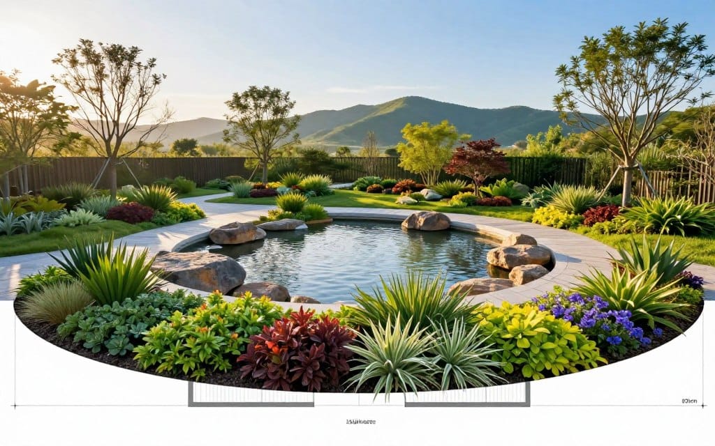 A vibrant and harmonious landscape design blueprint, featuring essential core design principles for landscaping, displayed in a visually engaging layout. In the foreground, include a meticulously arranged garden with diverse plants that represent balance, proportion, and unity. The middle ground showcases a tranquil water feature surrounded by rocks and soft pathways, illustrating the principles of flow and rhythm. In the background, a serene natural backdrop with softly rolling hills and a clear blue sky enhances the overall composition. The lighting is warm and inviting, suggesting a late afternoon sun casting gentle shadows. Capture the image from a slightly elevated angle, emphasizing depth and perspective, conveying a peaceful yet inspiring atmosphere, ideal for a professional landscape design setting. No text or overlays present.