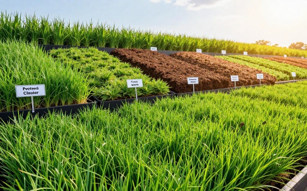 A vibrant and informative scene showcasing various sod varieties suited for different climates in the United States, with lush green patches of Kentucky Bluegrass, Bermuda Grass, and Fescue in the foreground. Each sod type should be labeled with its preferred climate conditions: cool, warm, and transitional zones. The middle ground features a neatly arranged display of these sod varieties on rolls, actively illustrating the textures and colors of each type. In the background, a sunny sky casts warm, natural light over the entire scene, embellishing the greens with a lively atmosphere. The angle should be slightly elevated, offering a broad view that captures the richness of sod options available. No people or distractions should be present, focusing solely on the sod varieties to enhance the educational aspect of the image. A vibrant and informative scene showcasing various sod varieties suited for different climates in the United States, with lush green patches of Kentucky Bluegrass, Bermuda Grass, and Fescue in the foreground. Each sod type should be labeled with its preferred climate conditions: cool, warm, and transitional zones. The middle ground features a neatly arranged display of these sod varieties on rolls, actively illustrating the textures and colors of each type. In the background, a sunny sky casts warm, natural light over the entire scene, embellishing the greens with a lively atmosphere. The angle should be slightly elevated, offering a broad view that captures the richness of sod options available. No people or distractions should be present, focusing solely on the sod varieties to enhance the educational aspect of the image.