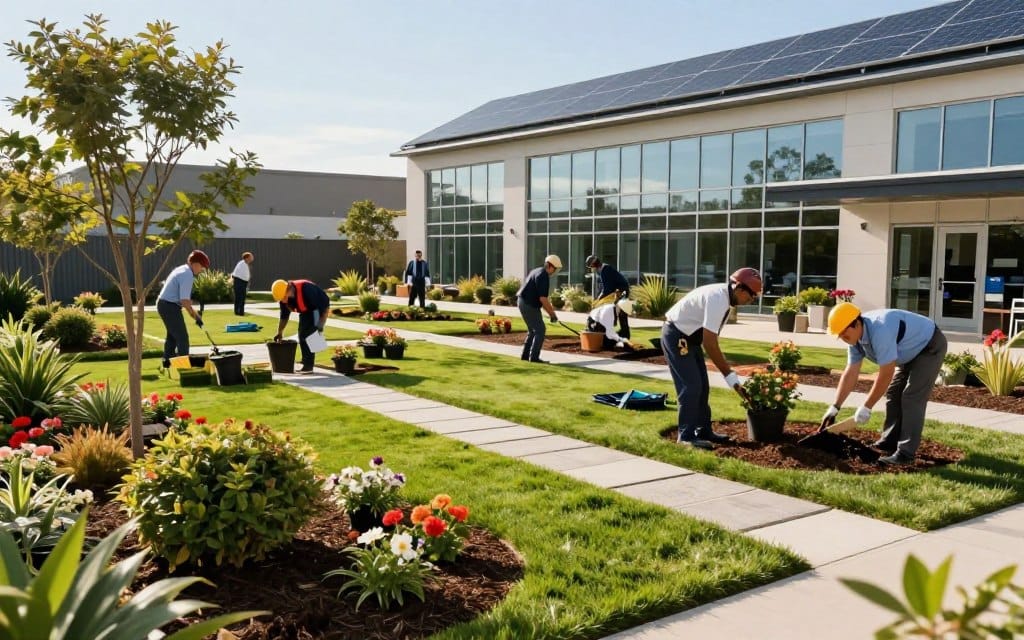 A vibrant commercial landscape featuring a well-maintained outdoor space with lush green lawns, strategically placed flowering shrubs, and decorative trees in the foreground. In the middle ground, a diverse group of professional landscape workers in business attire are engaged in various tasks, such as planting flowers, arranging stone pathways, and applying mulch, emphasizing the functional aspects of landscaping. The background showcases a modern commercial building with large windows and solar panels, reflecting a commitment to sustainability. The scene is bathed in warm, natural sunlight, with clear blue skies overhead, creating an inviting and productive atmosphere. The composition should be captured from a slightly elevated angle to give a comprehensive view of both the landscape and the workers’ activities, emphasizing the myth that commercial landscapes are purely aesthetic.
