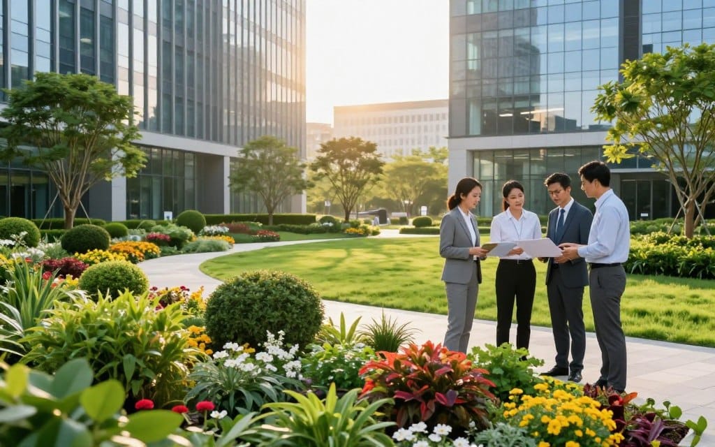 A vibrant commercial landscape scene showcasing a well-maintained outdoor area of a corporate office. In the foreground, a team of three professionals in smart business attire is actively discussing landscape design options while examining a lush garden filled with colorful flowers and ornamental shrubs. The middle ground features manicured lawns, neatly trimmed hedges, and strategically placed trees enhancing the aesthetic appeal of the space. In the background, modern office buildings reflect the sunlight, creating a bright and inviting atmosphere. The scene is set during the golden hour, casting warm, soft lighting that emphasizes the greenery. The overall mood is professional, collaborative, and inspiring, illustrating the value of commercial landscape services in enhancing business environments. The image captures a sense of tranquility and professionalism in outdoor commercial spaces.