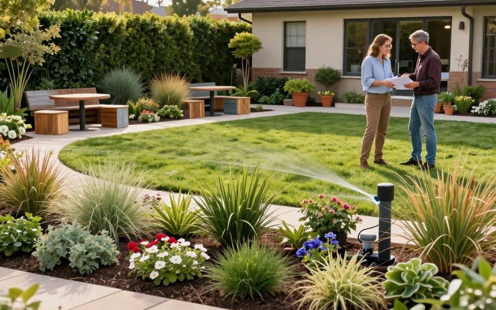 A vibrant commercial landscape scene showcasing budget-friendly landscaping solutions. In the foreground, a diverse array of low-maintenance plants like ornamental grasses and native drought-resistant flowers bloom in neat rows. Two professionals in smart casual attire are discussing a landscaping plan by a recently installed eco-friendly irrigation system. In the middle, a well-maintained green lawn stretches out, with simple stone pathways guiding the eye through small seating areas made of repurposed materials. In the background, a modest building displays lush green hedges and potted plants, basking in soft, natural sunlight that creates a warm, inviting atmosphere. The composition should evoke a sense of practicality and sustainability, illustrating how beautiful landscapes can be achieved economically. A vibrant commercial landscape scene showcasing budget-friendly landscaping solutions. In the foreground, a diverse array of low-maintenance plants like ornamental grasses and native drought-resistant flowers bloom in neat rows. Two professionals in smart casual attire are discussing a landscaping plan by a recently installed eco-friendly irrigation system. In the middle, a well-maintained green lawn stretches out, with simple stone pathways guiding the eye through small seating areas made of repurposed materials. In the background, a modest building displays lush green hedges and potted plants, basking in soft, natural sunlight that creates a warm, inviting atmosphere. The composition should evoke a sense of practicality and sustainability, illustrating how beautiful landscapes can be achieved economically.