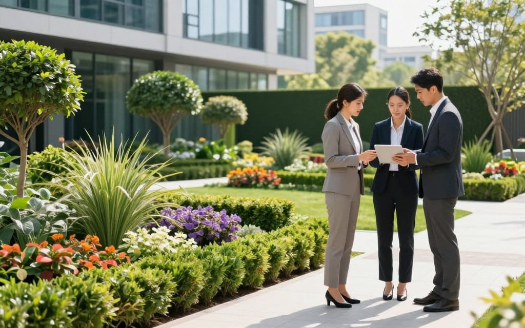 A vibrant commercial landscape setting showcasing a well-manicured property. In the foreground, a diverse team of three professionals dressed in smart business attire, discussing landscaping plans with a tablet in hand. In the middle, an array of lush green plants, colorful flower beds, and neatly trimmed hedges that depict high-quality landscape design. A modern office building can be seen in the background, emphasizing the commercial aspect. Bright, natural sunlight casts soft shadows, creating an inviting atmosphere. The angle is slightly elevated to capture both the team and the stunning landscape, highlighting the idea that quality commercial landscaping is worth the investment. The overall mood is positive and professional, showcasing expertise and attention to detail.
