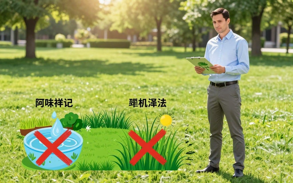 A vibrant, informative scene depicting a professional landscape expert in a smart casual outfit, standing confidently beside a healthy, lush lawn. In the foreground, the expert is examining a clipboard with lawn care diagrams, while on the side, there are colorful illustrations of common lawn care myths like over-watering and excessive pesticide use, strikingly crossed out for clarity. The middle ground features a well-maintained lawn with various types of grass, showcasing healthy growth. In the background, soft sunlight filters through leafy trees, casting gentle shadows on the ground. The overall atmosphere is educational and enlightening, encouraging viewers to rethink common misconceptions about lawn care. The image captures a sense of clarity, professionalism, and positivity, inviting discussion about effective weed control practices.