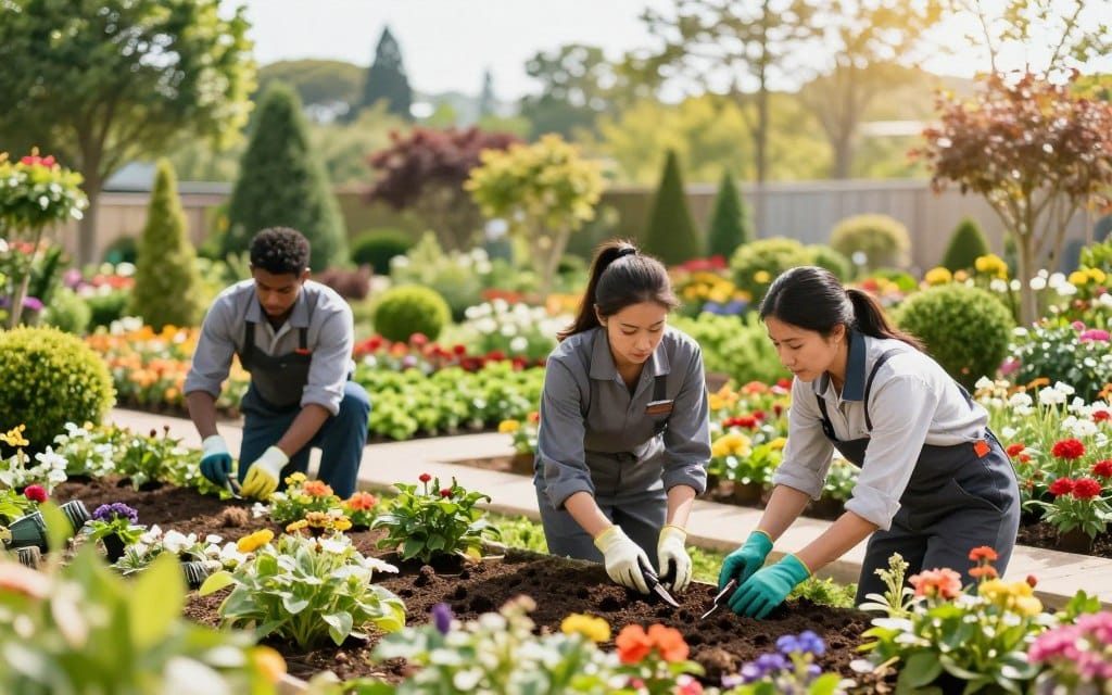 A vibrant landscape care professional team working collaboratively in a lush, well-maintained commercial garden. In the foreground, a diverse group of three professionals—two men and one woman—are dressed in smart, branded uniforms and gardening gloves, engaged in various tasks like pruning and planting. They display a sense of focus and expertise, surrounded by colorful flowers and healthy greenery. The middle ground features neatly arranged flower beds and ornamental shrubs, illustrating meticulous landscaping. In the background, a bright, sunny sky enhances the lively atmosphere, with soft, natural lighting filtering through the trees. Use a wide-angle lens to capture the detailed landscaping and the professionals at work, conveying a sense of harmony and professionalism in landscape management.