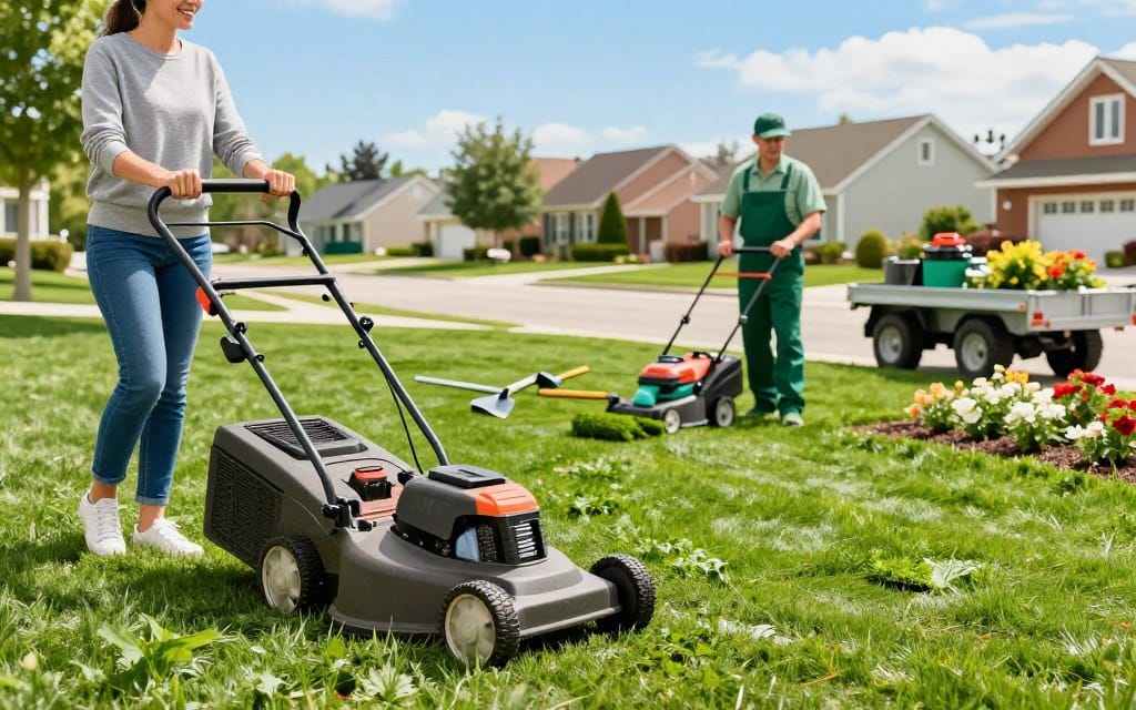 A vibrant scene depicting a split view of a lawn care comparison. In the foreground, on the left, a cheerful person in casual clothing uses a push mower, demonstrating DIY lawn care with a partially mown lawn, showing uneven patches and a few weeds. On the right, a professional landscaper in a neat uniform uses specialized equipment, effortlessly trimming a perfectly manicured lawn, showcasing lush green grass and fresh flower beds. The middle ground features gardening tools scattered by the DIYer, while the professional side has well-organized tools and an attractive garden truck. The background presents a sunny suburban neighborhood with blue skies and cheerful homes. The overall mood should be informative and engaging, highlighting both methods of lawn care with natural lighting to give a warm and inviting atmosphere.