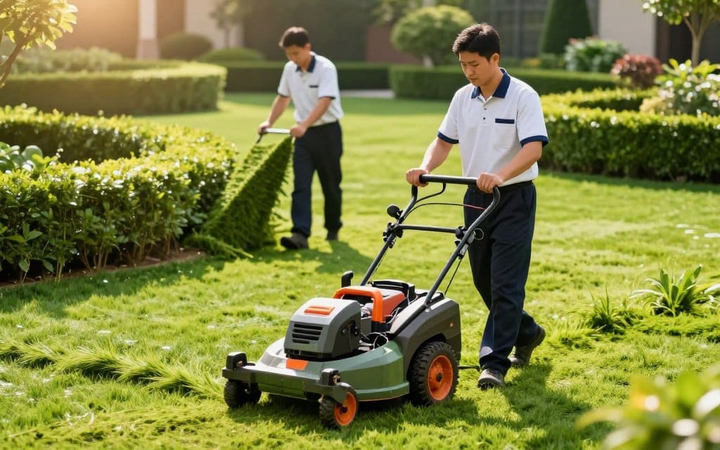 A vibrant scene of commercial lawn care in action, featuring professional lawn care specialists in neat uniforms using high-quality equipment. In the foreground, a landscape technician operates a commercial mower, with freshly cut grass cascading around. In the middle ground, another specialist trims hedges, showcasing precise attention to detail. Lush, green lawns with healthy grass textures fill the background, bordered by neatly arranged flowerbeds. The sun is shining brightly, casting soft shadows and creating a warm, inviting atmosphere. The image is captured from a slightly elevated angle, providing a comprehensive view of the lawn care process. Emphasize the importance of professionalism and meticulous care in maintaining green spaces, evoking a sense of reliability and quality in commercial landscape services. A vibrant scene of commercial lawn care in action, featuring professional lawn care specialists in neat uniforms using high-quality equipment. In the foreground, a landscape technician operates a commercial mower, with freshly cut grass cascading around. In the middle ground, another specialist trims hedges, showcasing precise attention to detail. Lush, green lawns with healthy grass textures fill the background, bordered by neatly arranged flowerbeds. The sun is shining brightly, casting soft shadows and creating a warm, inviting atmosphere. The image is captured from a slightly elevated angle, providing a comprehensive view of the lawn care process. Emphasize the importance of professionalism and meticulous care in maintaining green spaces, evoking a sense of reliability and quality in commercial landscape services.