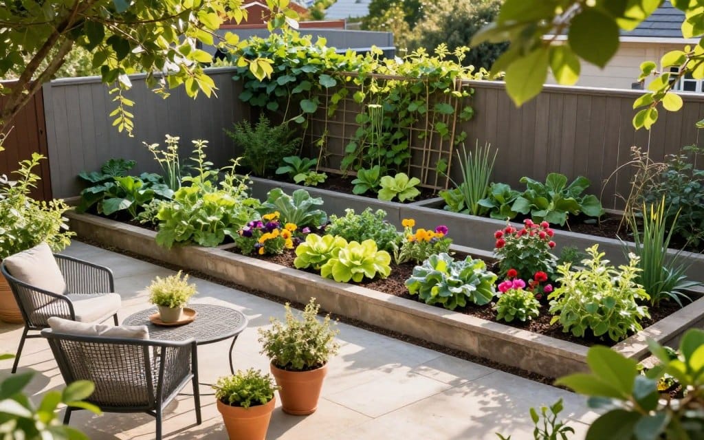 A vibrant small yard transformed into a functional garden space, showcasing innovative landscape design. In the foreground, include a charming seating area with stylish outdoor furniture and potted plants, creating an inviting atmosphere. The middle ground features a compact vegetable and herb garden with raised beds, interspersed with colorful flowers to attract pollinators. The background reveals a trellis adorned with climbing vines, emphasizing vertical gardening solutions. Soft, warm sunlight filters through overhanging trees, casting gentle shadows across the scene. Capture the image from a slightly elevated perspective, highlighting the organized layout and lush greenery. The overall mood should be serene and inspiring, encouraging viewers to reimagine their own small outdoor spaces.