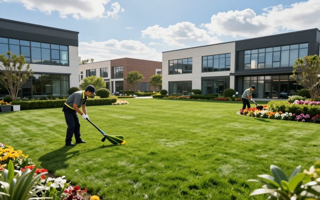 A well-maintained commercial property landscape, showcasing vibrant green lawns, hedges, and decorative flower beds, symbolizes the essence of professional lawn maintenance services. In the foreground, a skilled landscaper in professional attire is trimming the grass with precision, while a second worker tends to flower arrangements, emphasizing teamwork. In the middle ground, various commercial buildings, designed in sleek contemporary architecture, highlight their pristine surroundings, with large windows reflecting soft afternoon sunlight. The background features a clear blue sky with a few fluffy white clouds, creating an inviting atmosphere. The overall mood is professional and serene, capturing the essence of quality services that cater to diverse commercial property needs, emphasizing care and aesthetics in landscaping. Use natural lighting to enhance the colors and add depth to the scene, viewed from a slightly elevated angle to encompass both the landscape and the buildings. A well-maintained commercial property landscape, showcasing vibrant green lawns, hedges, and decorative flower beds, symbolizes the essence of professional lawn maintenance services. In the foreground, a skilled landscaper in professional attire is trimming the grass with precision, while a second worker tends to flower arrangements, emphasizing teamwork. In the middle ground, various commercial buildings, designed in sleek contemporary architecture, highlight their pristine surroundings, with large windows reflecting soft afternoon sunlight. The background features a clear blue sky with a few fluffy white clouds, creating an inviting atmosphere. The overall mood is professional and serene, capturing the essence of quality services that cater to diverse commercial property needs, emphasizing care and aesthetics in landscaping. Use natural lighting to enhance the colors and add depth to the scene, viewed from a slightly elevated angle to encompass both the landscape and the buildings.