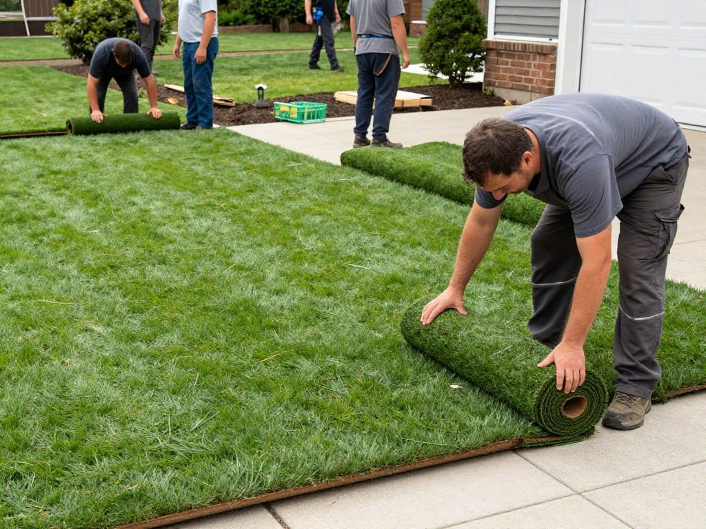Aragon Landscaping team installing fresh sod in Woodstock yard