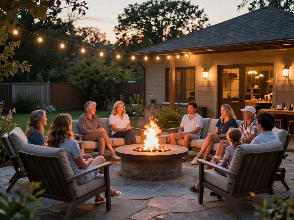 Family enjoying outdoor living in Woodstock during evening gathering