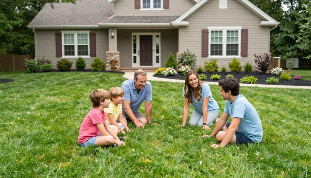 Happy Woodstock family enjoying their new sod lawn installed by Aragon Landscaping