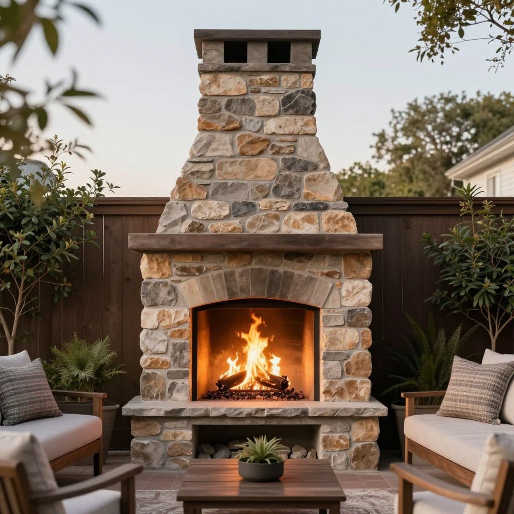Outdoor fireplace with stone chimney
