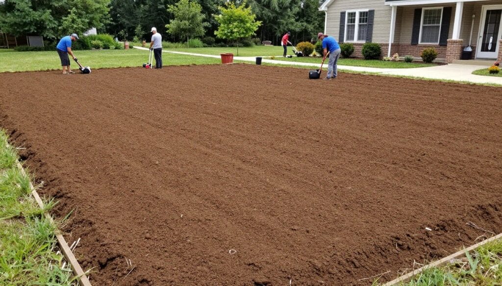 Professional land preparation for sod installation in Woodstock