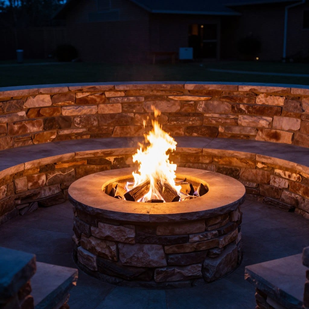 Stone fire pit with seating in Woodstock