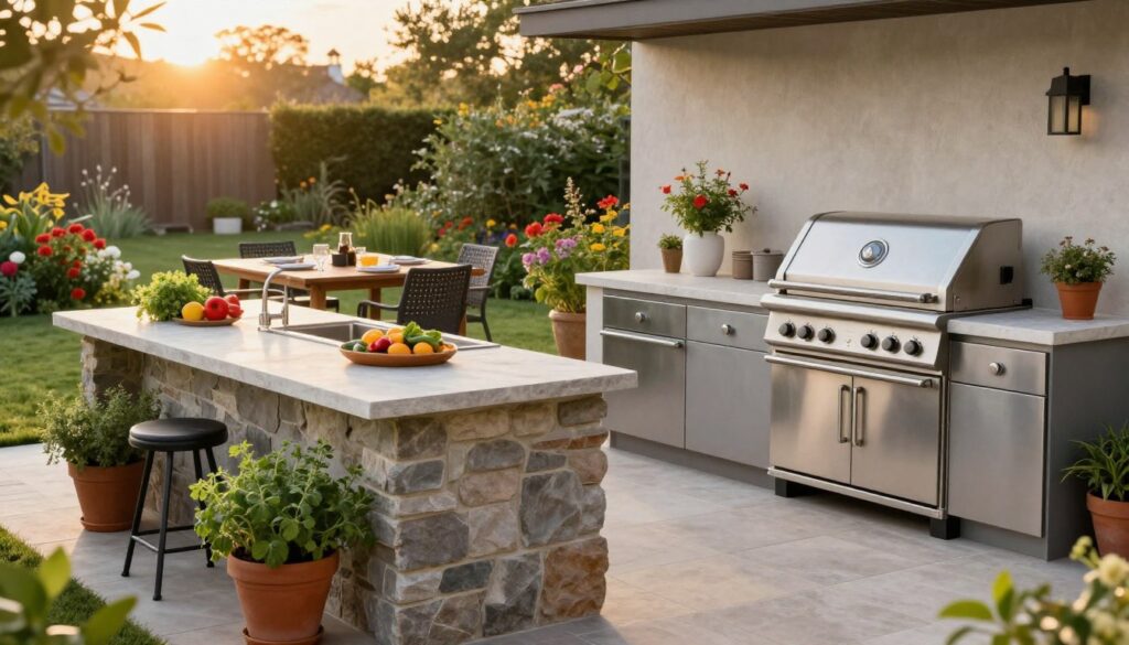 A beautifully designed outdoor kitchen, showcasing a modern aesthetic with sleek stainless steel appliances, a large stone island with bar seating, and a built-in grill. In the foreground, vibrant potted herbs and fresh vegetables add life to the space. The middle ground features a cozy dining area with a wooden table set for a meal, surrounded by stylish chairs. In the background, a lush garden filled with colorful flowers and greenery creates a serene atmosphere, with the warm glow of sunset casting golden hues over the scene. The image captures a relaxed and inviting mood, perfect for culinary gatherings. Use soft, natural lighting to enhance the richness of the materials and colors, shot from a slightly elevated angle for depth and perspective.