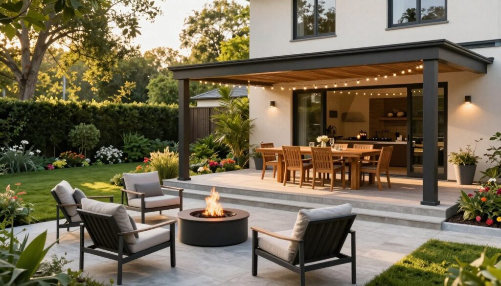 A beautifully designed outdoor living space attached to a modern house, showcasing an elegant patio with comfortable furniture, a stylish outdoor dining area, and lush greenery surrounding it. In the foreground, feature inviting lounge chairs and a fire pit, creating a cozy ambiance. In the middle, display a sleek wooden dining table set under a canopy with twinkling string lights, ideal for evening gatherings. The background should include a well-manicured garden with colorful flowers and tall trees casting gentle shadows. The scene is brightly lit by golden hour sunlight, enhancing the warm, welcoming atmosphere. Capture the image from a slightly elevated angle to provide a comprehensive view of the design.