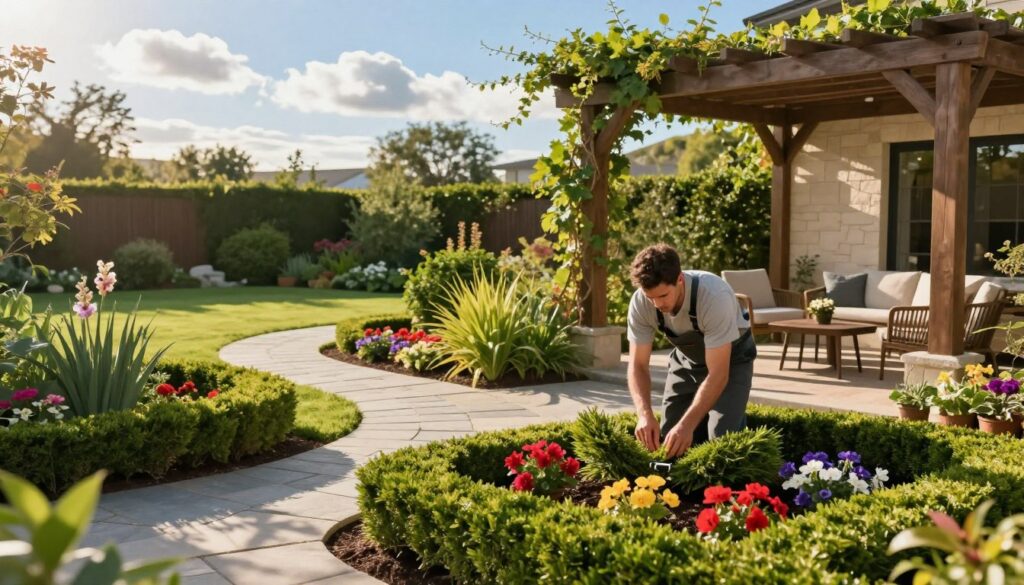 A beautifully landscaped outdoor space showcasing various enhancement services. In the foreground, a skilled landscaper in professional attire trims hedges and arranges vibrant flower beds, reflecting meticulous attention to detail. The middle ground includes a newly installed stone pathway winding through lush greenery and ornamental plants. A wooden pergola with climbing vines frames a partially shaded sitting area with tasteful garden furniture, inviting relaxation. In the background, a well-maintained lawn extends towards a clear blue sky, with fluffy white clouds. The warm afternoon sunlight bathes the scene in a soft glow, creating an inviting and serene atmosphere. The overall mood is one of tranquility and enhancement, showcasing the ideal outdoor space for enjoyment and comfort.