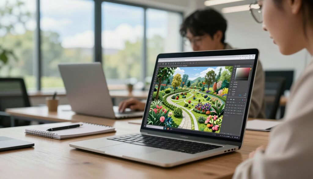 A modern digital workspace showcasing landscape design software on a computer screen. In the foreground, a sleek laptop is open with a vibrant, detailed landscape design displayed, featuring lush greenery, flowering plants, and intricate pathways. To the side, a notepad and stylus lie on a wooden desk. In the middle, a person in professional attire concentrates on the design, their face illuminated by the soft glow of the screen, reflecting a blend of creativity and technology. The background features a bright, airy office with large windows revealing a serene outdoor view, filled with trees and blue skies. Natural light floods the space, creating an inspiring and productive atmosphere, perfect for conceptualizing beautiful landscapes.