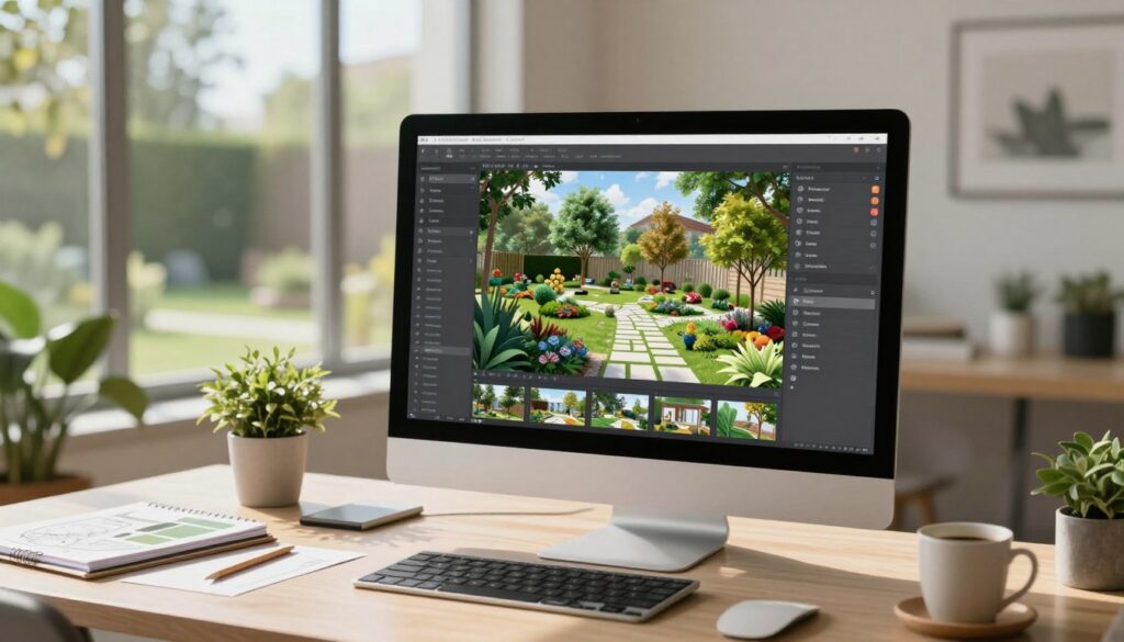 A modern landscape design software interface displayed on a sleek, stylish computer screen, set in a bright, contemporary home office. In the foreground, a desktop cluttered with creative tools like sketch pads, plant samples, and a coffee cup, suggesting an active design process. The middle ground features the glowing monitor showcasing a vibrant, detailed landscape design project with a variety of plants, trees, and outdoor layouts, highlighting user-friendly digital tools and features. In the background, large windows reveal a sunny, landscaped garden outside, creating a harmonious atmosphere. Soft natural light illuminates the scene, casting gentle shadows. The overall mood is creative, inspiring, and inviting for outdoor project enthusiasts exploring landscape design software.