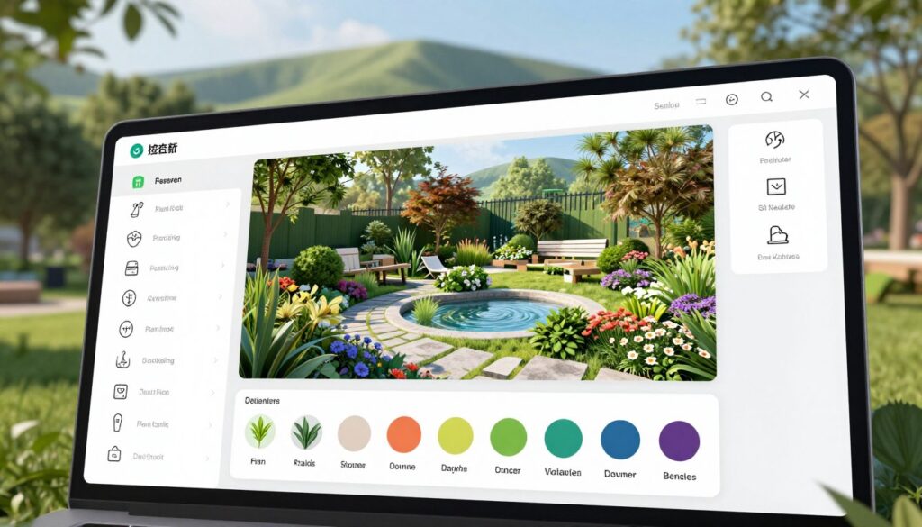 A modern landscape design software interface showcasing essential features. In the foreground, a user-friendly dashboard displays tools like plant selection, terrain modeling, and color palette options, all with intuitive icons. The middle layer portrays a vivid, digitally-rendered garden layout, featuring lush greenery, diverse flowers, and a small water feature to illustrate design capabilities. In the background, a serene park setting enhances the scene, with rolling hills and a clear sky, suggesting creativity and inspiration. The lighting is bright and natural, emphasizing the beauty of the landscape. The image is captured at a slight angle, creating depth and a dynamic perspective, conveying a sense of innovation and design excellence.