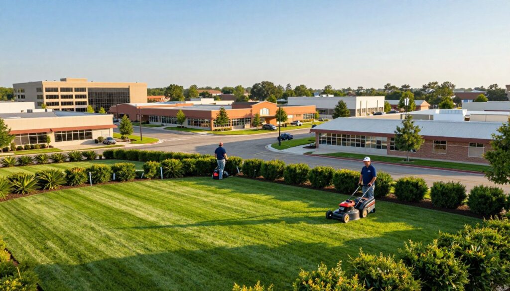 A panoramic view of a well-maintained commercial property, showcasing vibrant green lawns and neatly trimmed hedges, typical of varied landscapes across the United States. In the foreground, a professional landscape crew in smart uniforms is actively tending to the lawn with mowers and edgers, emphasizing their expertise and attention to detail. The middle ground features a variety of commercial properties, such as office buildings and retail spaces, reflecting the architectural diversity found nationwide. In the background, a clear blue sky with soft, warm sunlight casts pleasant shadows, enhancing the inviting atmosphere. The scene is captured with a wide-angle lens, emphasizing the scale and grandeur of the properties, creating a sense of reliability and trust in the services presented. A panoramic view of a well-maintained commercial property, showcasing vibrant green lawns and neatly trimmed hedges, typical of varied landscapes across the United States. In the foreground, a professional landscape crew in smart uniforms is actively tending to the lawn with mowers and edgers, emphasizing their expertise and attention to detail. The middle ground features a variety of commercial properties, such as office buildings and retail spaces, reflecting the architectural diversity found nationwide. In the background, a clear blue sky with soft, warm sunlight casts pleasant shadows, enhancing the inviting atmosphere. The scene is captured with a wide-angle lens, emphasizing the scale and grandeur of the properties, creating a sense of reliability and trust in the services presented.