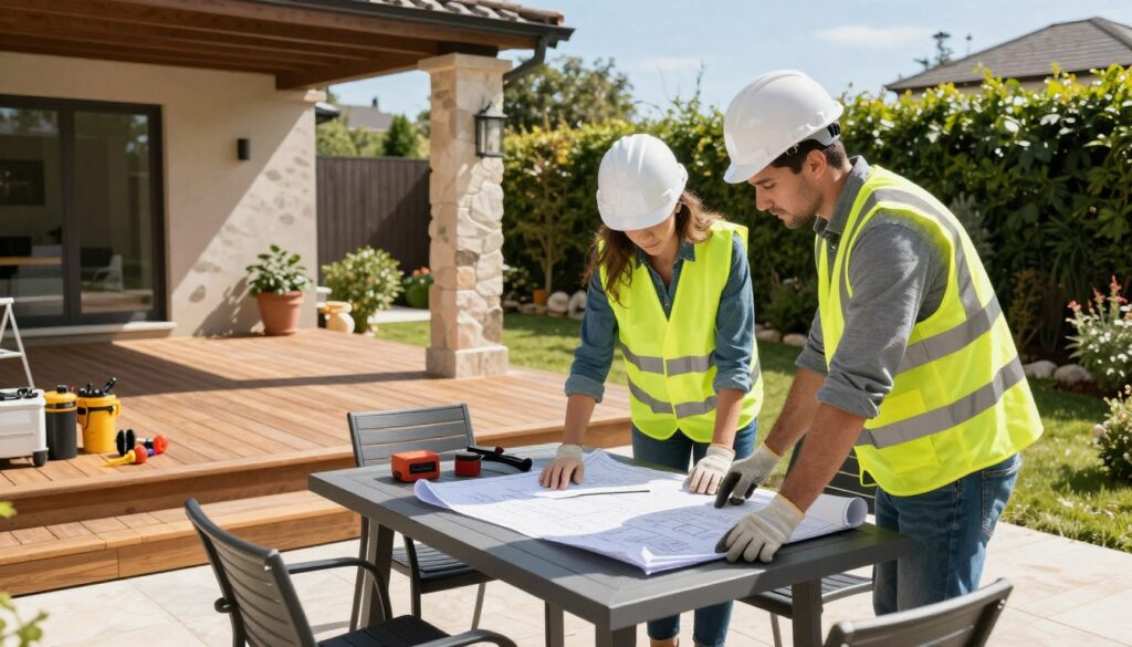 A professional construction team working on an outdoor living project, focused on creating an inviting patio area. In the foreground, two male and one female contractor in smart casual attire (hard hats, safety vests, and work gloves) collaborate around a blueprint spread out on a stylish outdoor table. In the middle ground, a partially built wooden deck is visible, with tools and equipment neatly arranged nearby. The background showcases a beautifully landscaped garden, complete with greenery and decorative stones, under a clear blue sky. The scene is illuminated by bright, natural sunlight, creating a warm and productive atmosphere. The angle captures both the teamwork and the outdoor living space being developed, reflecting professionalism and creativity.