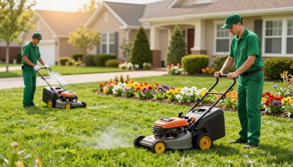 A professional lawn care service team, wearing matching green uniforms, meticulously tending to a lush, vibrant lawn in a suburban neighborhood. In the foreground, a crew member trims the grass with a professional-grade mower, while another spreads fertilizer across the lawn, showcasing seasonal care techniques. The middle ground features healthy flower beds with blooming seasonal flowers, demonstrating the effects of expert maintenance. In the background, a picturesque home with well-maintained hedges and trees reflects a welcoming atmosphere, bathed in warm, soft sunlight of late spring. The scene is captured with a slight depth of field, emphasizing the lawn care activities while maintaining a colorful and inviting feel, conveying trust and professionalism in lawn maintenance services.