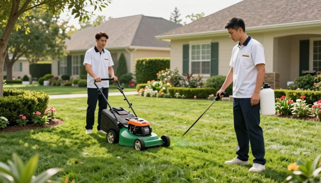 A professional lawn care service team working meticulously on a lush, green lawn. In the foreground, two team members in crisp uniforms, one using a precision lawn mower and the other applying fertilizer with a spreader. Their expressions reflect focus and expertise. In the middle ground, well-groomed hedges and flower beds showcase the team's attention to detail. In the background, a beautiful suburban home with manicured landscaping enhances the property’s appeal. Soft, natural lighting indicates a pleasant day, with sunlight filtering through nearby trees, casting gentle shadows. The overall mood is of professionalism, trust, and dedication to high-quality lawn maintenance. The angle is slightly elevated, creating a comprehensive view that emphasizes the workmanship involved in professional lawn care.