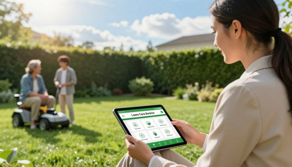 A serene garden setting depicting a smartly dressed professional, possibly in a business-casual outfit, discussing lawn care service options with a satisfied homeowner. In the foreground, a digital tablet displaying an intuitive and user-friendly lawn care booking interface with icons for various service options. In the middle ground, lush green grass and neatly trimmed hedges create an inviting atmosphere, while a sunny, bright blue sky with a few fluffy clouds fills the background. The lighting is warm and inviting, suggesting a pleasant afternoon. The overall mood conveys professionalism, trust, and ease of scheduling, ideal for showcasing flexible lawn maintenance service bookings.