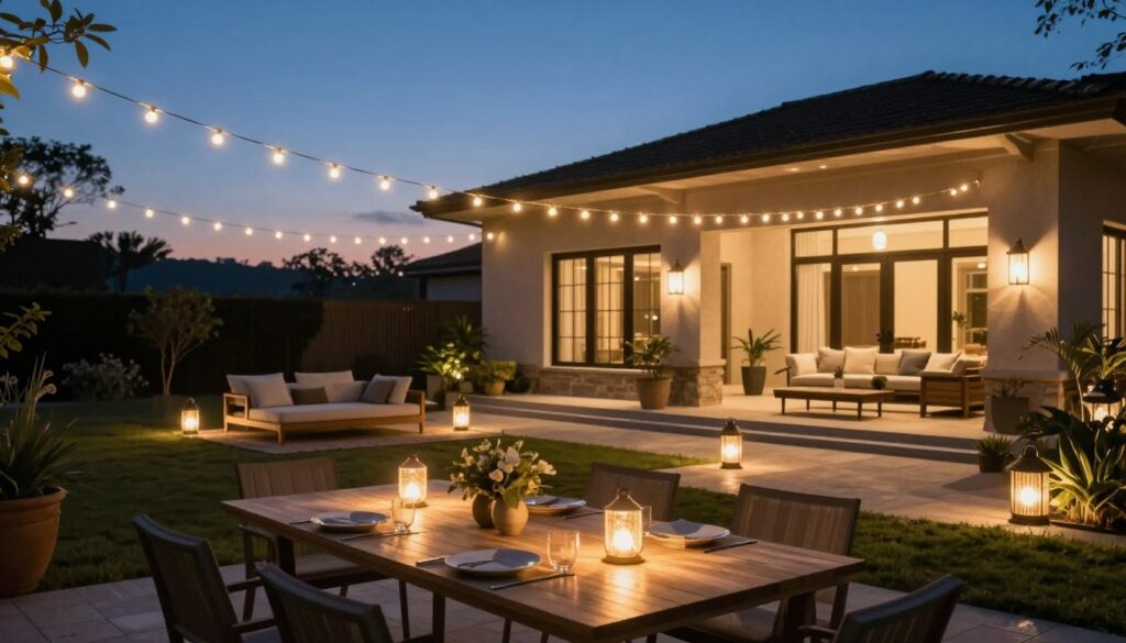 A serene outdoor living space seamlessly attached to a house, showcasing elegant lighting solutions for evening ambiance. In the foreground, a beautifully arranged dining table with ambient fairy lights draped overhead, casting a warm glow. The middle ground features stylish lounge furniture, surrounded by strategically placed lanterns and soft-glowing pathway lights. In the background, the house’s exterior adorned with subtle uplighting, enhancing architectural details. The setting is at twilight, with a gradient sky transitioning from deep blue to gentle dusk hues. The mood is inviting and cozy, perfect for evening gatherings. Use a wide lens to capture the depth of the setting, emphasizing the interplay of light and shadow. Aim for a soft-focus effect to evoke a dreamy atmosphere, suitable for showcasing the concept of extending usability into the night.