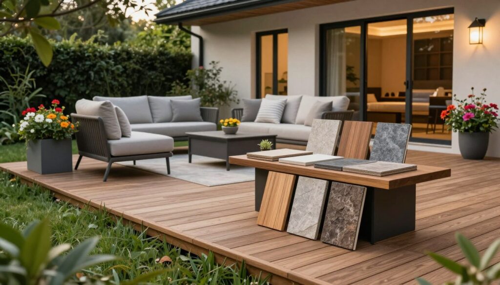 A serene outdoor living space showcasing a variety of high-quality materials for durability and aesthetic appeal. In the foreground, display an elegant wooden deck bordered by lush greenery, featuring samples of stone, wood, and composite materials arranged on a chic outdoor table. In the middle, include a modern patio area with comfortable, stylish furniture made from weather-resistant fabrics, and planters filled with vibrant flowers. The background should feature a sleek, contemporary home illuminated by soft, natural lighting, emphasizing the integration of indoor and outdoor spaces. Use a warm color palette to evoke a welcoming atmosphere, and opt for a slightly elevated angle to capture the depth and craftsmanship of the materials effectively. The mood is tranquil and inviting, perfect for showcasing the essence of outdoor living.