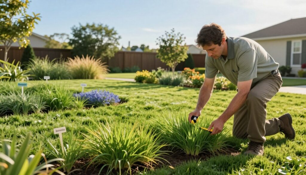 A serene suburban backyard showcasing diverse grass types, with a well-manicured lawn. In the foreground, a professional landscaper in modest casual attire carefully inspects different grass patches, using tools like a soil tester and measuring tape. In the middle ground, various grass types—Kentucky bluegrass, Bermuda, and fescue—are labeled with subtle markers, each thriving in its vibrant green shade. The background features a clear blue sky and distant trees, providing the perfect outdoor environment. Soft afternoon sunlight bathes the scene, creating a warm and inviting atmosphere, highlighting the lushness of the grass and the expertise of the landscaper. The composition should convey an informative and professional mood, focusing on lawn care customization. A serene suburban backyard showcasing diverse grass types, with a well-manicured lawn. In the foreground, a professional landscaper in modest casual attire carefully inspects different grass patches, using tools like a soil tester and measuring tape. In the middle ground, various grass types—Kentucky bluegrass, Bermuda, and fescue—are labeled with subtle markers, each thriving in its vibrant green shade. The background features a clear blue sky and distant trees, providing the perfect outdoor environment. Soft afternoon sunlight bathes the scene, creating a warm and inviting atmosphere, highlighting the lushness of the grass and the expertise of the landscaper. The composition should convey an informative and professional mood, focusing on lawn care customization.