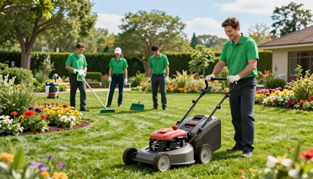 A vibrant and bustling commercial lawn care scene showcasing a team of professional landscapers in smart uniforms tending to a lush green lawn. In the foreground, a friendly lawn technician is using a modern, efficient mower, while another team member applies a quality fertilizer with care. In the middle ground, various tools such as rakes and leaf blowers are neatly arranged, and a well-maintained flower bed with colorful blooms adds a splash of color. The background features a beautiful, manicured garden with trees and shrubs under a clear blue sky. Soft, natural sunlight bathes the scene, enhancing the lush greenery and creating a refreshing, professional atmosphere. The angle captures both the action and the beauty of the landscape while focusing on the dedication to quality lawn care. A vibrant and bustling commercial lawn care scene showcasing a team of professional landscapers in smart uniforms tending to a lush green lawn. In the foreground, a friendly lawn technician is using a modern, efficient mower, while another team member applies a quality fertilizer with care. In the middle ground, various tools such as rakes and leaf blowers are neatly arranged, and a well-maintained flower bed with colorful blooms adds a splash of color. The background features a beautiful, manicured garden with trees and shrubs under a clear blue sky. Soft, natural sunlight bathes the scene, enhancing the lush greenery and creating a refreshing, professional atmosphere. The angle captures both the action and the beauty of the landscape while focusing on the dedication to quality lawn care.