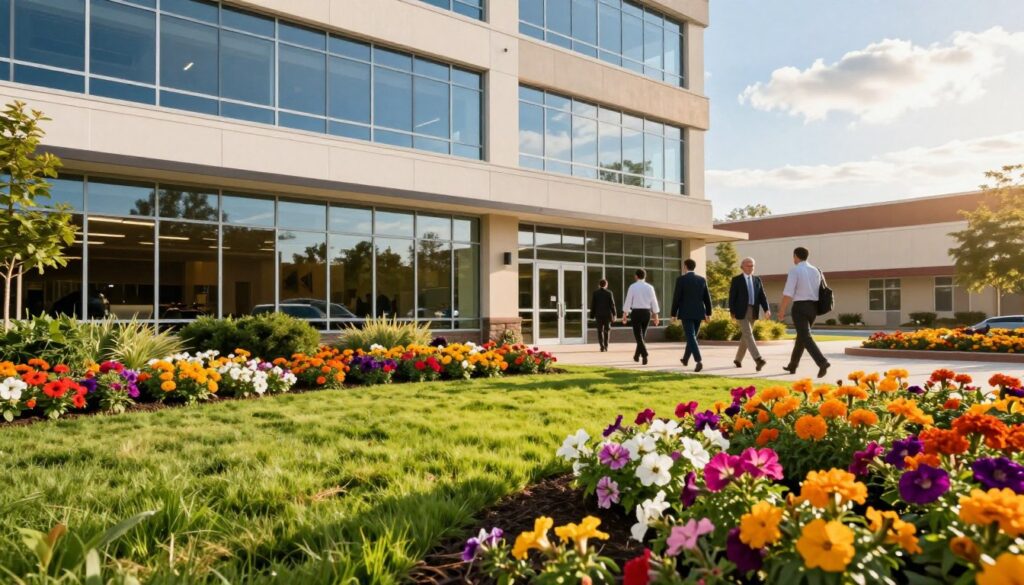 A vibrant and inviting commercial property exterior, showcasing enhanced curb appeal. In the foreground, a manicured lawn with lush, green grass and neatly trimmed flower beds brimming with colorful blooms, such as petunias and marigolds. In the middle ground, a modern office building with large glass windows reflecting the sky, accentuated by clean lines and smart landscaping. Business professionals in smart business attire walking purposefully towards the entrance, conveying a sense of professionalism and activity. The background features a sunny day with a few fluffy white clouds, creating a bright and cheerful atmosphere. The scene is captured with a warm, golden-hour lighting effect, emphasizing the inviting and polished appearance of the property, with a focus on appealing aesthetics and inviting ambiance. A vibrant and inviting commercial property exterior, showcasing enhanced curb appeal. In the foreground, a manicured lawn with lush, green grass and neatly trimmed flower beds brimming with colorful blooms, such as petunias and marigolds. In the middle ground, a modern office building with large glass windows reflecting the sky, accentuated by clean lines and smart landscaping. Business professionals in smart business attire walking purposefully towards the entrance, conveying a sense of professionalism and activity. The background features a sunny day with a few fluffy white clouds, creating a bright and cheerful atmosphere. The scene is captured with a warm, golden-hour lighting effect, emphasizing the inviting and polished appearance of the property, with a focus on appealing aesthetics and inviting ambiance.