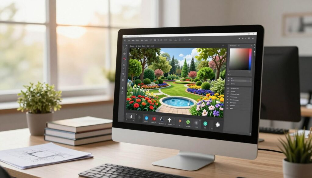 A vibrant landscape design software interface displayed on a sleek modern computer screen, set in a well-lit, stylish office environment. In the foreground, a detailed view of the software reveals a 3D garden layout with lush greenery, colorful flower beds, and a serene water feature, showcasing various design tools and options. The middle ground includes a designer’s workspace with sketchpads, design books, and a potted plant, indicating creativity and planning. In the background, large windows let in warm natural light, illuminating the ambiance of productivity. The mood is professional and inspiring, emphasizing choice and creativity in landscape design while keeping a clean, minimalist aesthetic.