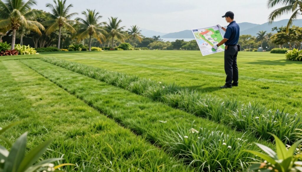 A vibrant landscape featuring various customized lawn care plans tailored for different regions. In the foreground, display a collection of lush lawns, each representing distinct geographical climates, from tropical grass in a sunny southern environment to cool-season grass in a northern region, showing varying textures and colors. In the middle ground, include a skilled lawn care professional dressed in professional attire, examining a detailed map with lawn care specifications. The background should have subtle hints of different landscapes, such as mountains or coastal areas, to emphasize regional diversity. Soft, natural lighting creates a welcoming atmosphere, with a focus on the health and beauty of the lawns, captured from a slightly elevated angle to provide context and depth.