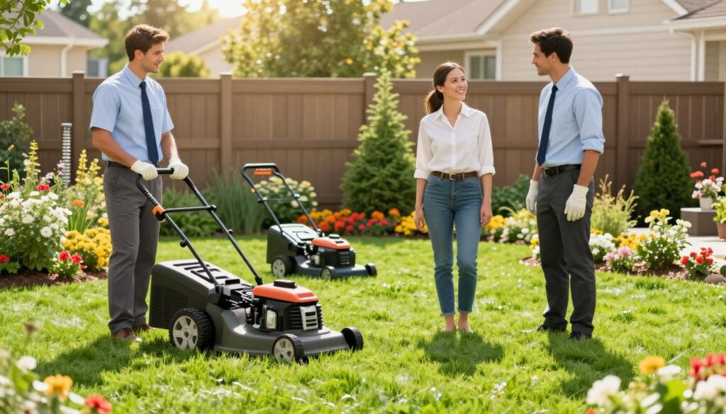A vibrant suburban garden in full bloom, showcasing a lush green lawn maintained by a professional lawn care team. In the foreground, two friendly lawn care experts in business attire are engaging with a satisfied homeowner, who is smiling and admiring the beautifully manicured grass. In the middle, there are gardening tools and equipment like a lawnmower and a trimmer, emphasizing the meticulous effort involved in lawn care. The background features a well-kept fence and colorful flower beds, with the sun shining brightly, casting soft shadows and creating a warm, inviting atmosphere. The image captures a sense of community, professionalism, and pride in lawn maintenance, with a focus on the successful collaboration between the homeowner and the lawn care team. A vibrant suburban garden in full bloom, showcasing a lush green lawn maintained by a professional lawn care team. In the foreground, two friendly lawn care experts in business attire are engaging with a satisfied homeowner, who is smiling and admiring the beautifully manicured grass. In the middle, there are gardening tools and equipment like a lawnmower and a trimmer, emphasizing the meticulous effort involved in lawn care. The background features a well-kept fence and colorful flower beds, with the sun shining brightly, casting soft shadows and creating a warm, inviting atmosphere. The image captures a sense of community, professionalism, and pride in lawn maintenance, with a focus on the successful collaboration between the homeowner and the lawn care team.