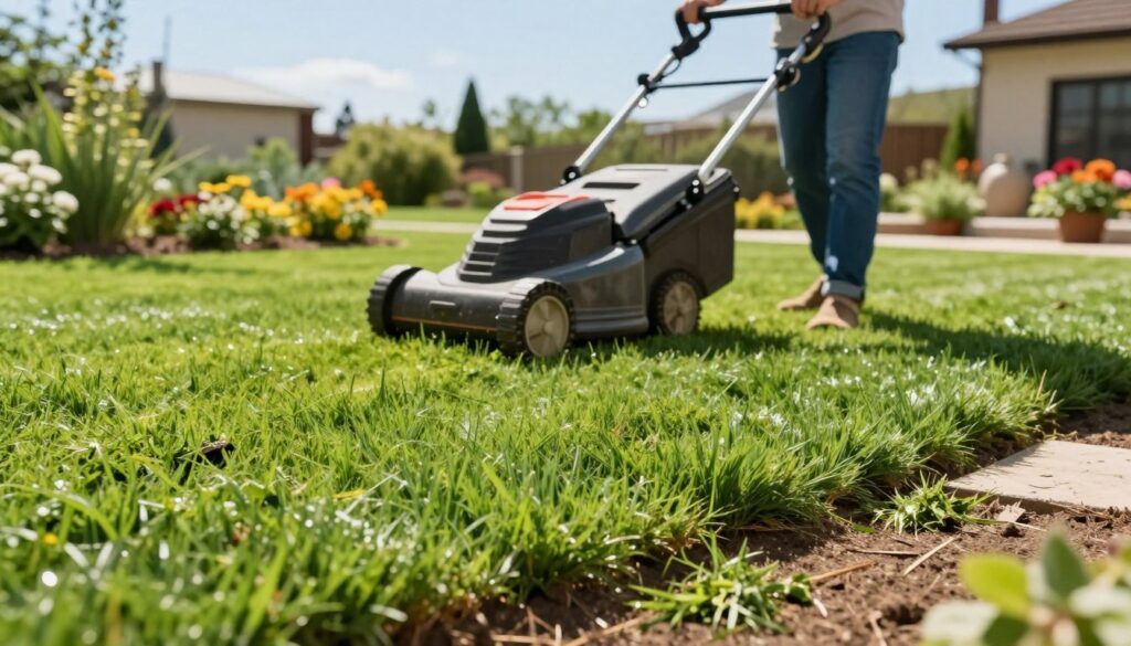 A vibrant, well-maintained lawn being mowed by a person in professional casual attire, focusing on mowing best practices. In the foreground, a neatly trimmed patch of lush green grass is visible, with clippings scattered on the ground. The middle ground features the mower in action, showcasing even cutting height and proper mowing technique. The background includes blooming flower beds and well-placed garden decorations, enhancing the scene’s appeal. Bright daylight illuminates the setting, casting soft shadows that emphasize the textures of the grass and soil. A clear blue sky adds to the overall freshness, creating a tranquil and dedicated atmosphere, ideal for lawn maintenance advice. A vibrant, well-maintained lawn being mowed by a person in professional casual attire, focusing on mowing best practices. In the foreground, a neatly trimmed patch of lush green grass is visible, with clippings scattered on the ground. The middle ground features the mower in action, showcasing even cutting height and proper mowing technique. The background includes blooming flower beds and well-placed garden decorations, enhancing the scene’s appeal. Bright daylight illuminates the setting, casting soft shadows that emphasize the textures of the grass and soil. A clear blue sky adds to the overall freshness, creating a tranquil and dedicated atmosphere, ideal for lawn maintenance advice.