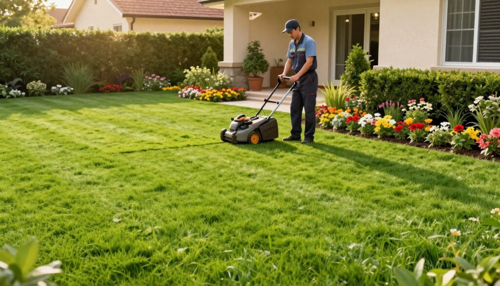 A vibrant, well-maintained lawn stretches across the foreground, exhibiting a rich green color with a flawless texture. In the middle ground, a professional lawn care technician in smart casual clothing, equipped with quality tools, meticulously trims the edges of the lawn using a precision mower. Behind them, a picturesque residential home showcases flourishing flower beds and well-pruned hedges, emphasizing the relationship between professional maintenance and an appealing landscape. The setting is bathed in warm, golden sunlight, creating a serene and inviting atmosphere. The angle is slightly elevated, capturing both the technician’s focused work and the beautiful environment in clear detail. The overall mood is one of professionalism, care, and the joy of a well-kept yard. A vibrant, well-maintained lawn stretches across the foreground, exhibiting a rich green color with a flawless texture. In the middle ground, a professional lawn care technician in smart casual clothing, equipped with quality tools, meticulously trims the edges of the lawn using a precision mower. Behind them, a picturesque residential home showcases flourishing flower beds and well-pruned hedges, emphasizing the relationship between professional maintenance and an appealing landscape. The setting is bathed in warm, golden sunlight, creating a serene and inviting atmosphere. The angle is slightly elevated, capturing both the technician’s focused work and the beautiful environment in clear detail. The overall mood is one of professionalism, care, and the joy of a well-kept yard.