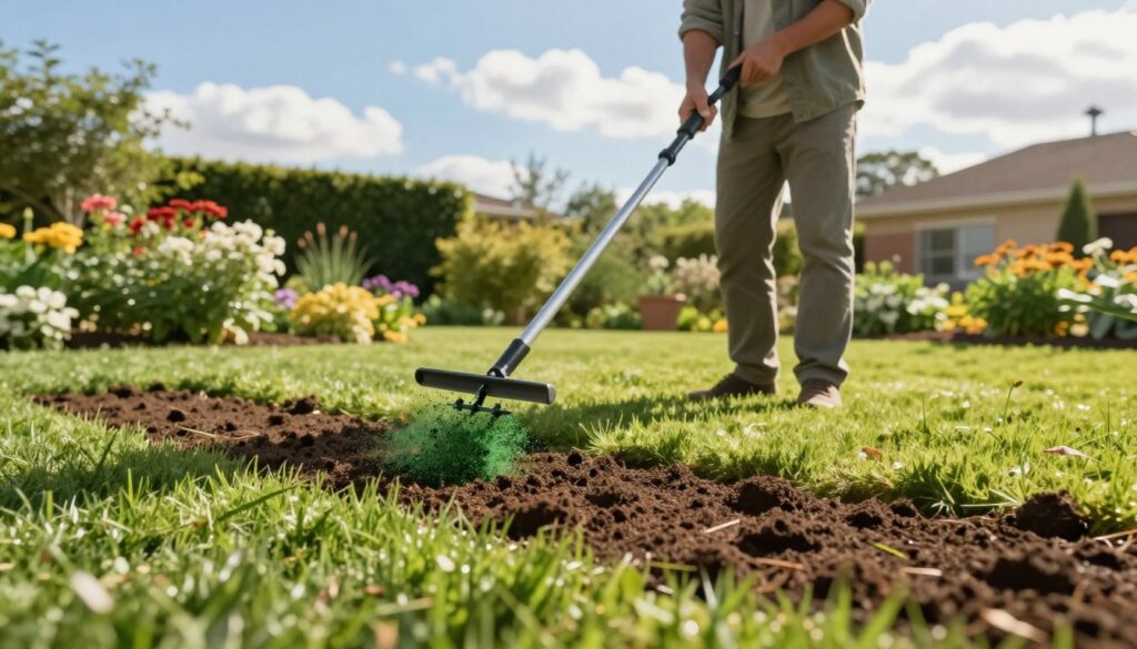 A vibrant, well-manicured lawn in the foreground, showcasing freshly aerated soil with small holes visible, indicating the benefits of aeration. In the middle, a gardener in modest casual clothing holds a spreader, applying rich, dark-green fertilizer to the lawn, with a backdrop of blooming flowers and healthy shrubs. The background features a clear blue sky with soft, white clouds, casting warm, natural light that enhances the lush greenery. The mood is inviting and uplifting, emphasizing the importance of lawn care. The scene captures a serene and productive atmosphere, focusing on the actions that lead to a healthy green yard. A vibrant, well-manicured lawn in the foreground, showcasing freshly aerated soil with small holes visible, indicating the benefits of aeration. In the middle, a gardener in modest casual clothing holds a spreader, applying rich, dark-green fertilizer to the lawn, with a backdrop of blooming flowers and healthy shrubs. The background features a clear blue sky with soft, white clouds, casting warm, natural light that enhances the lush greenery. The mood is inviting and uplifting, emphasizing the importance of lawn care. The scene captures a serene and productive atmosphere, focusing on the actions that lead to a healthy green yard.