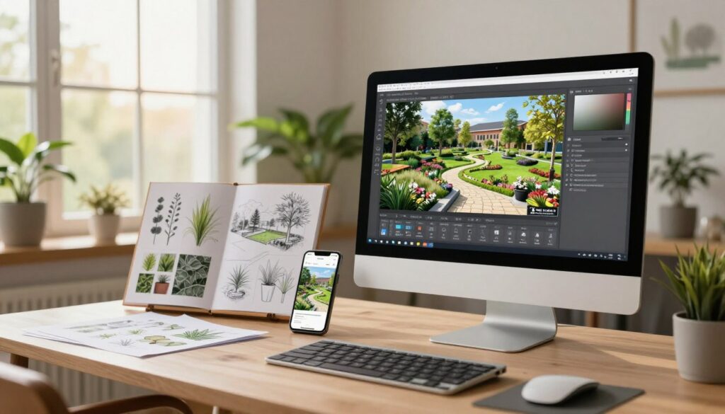 A visually compelling workspace showcasing a variety of landscape design software options. In the foreground, a modern computer screen displays vibrant landscape designs featuring gardens, parks, and outdoor spaces, with user-friendly interface elements visible. The middle ground includes sketches and plant samples arranged on a stylish desk, alongside a smartphone displaying a landscape design application. In the background, large windows let in warm, natural light, illuminating the room with an inviting, creative atmosphere. The scene is designed to reflect a blend of technology and nature, complemented by soft green houseplants. The mood is professional yet inspiring, perfect for anyone exploring landscape design tools. Use a wide-angle perspective for depth, capturing the essence of creative design work.