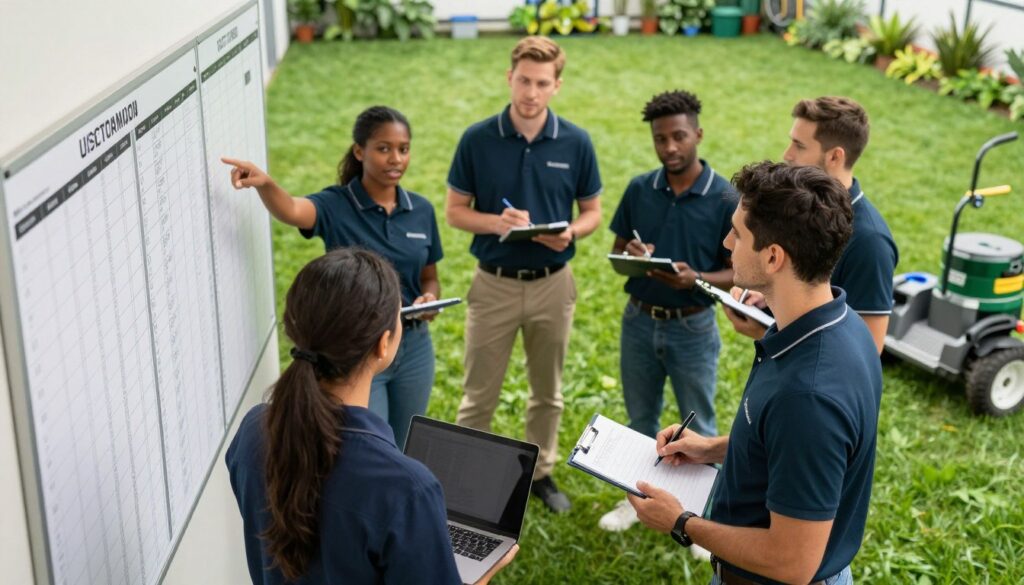 A well-organized lawn care office scene with a professional lawn care team gathered around a large scheduling board filled with appointment slots. The foreground features two team members, one in smart casual attire with a laptop, and the other holding a clipboard, discussing a schedule with a focused expression. In the middle, a diverse group of team members are engaged in clear communication, some pointing at the schedule and others taking notes. The background showcases a vibrant lawn with well-maintained grass and tools organized neatly, under bright natural lighting. The atmosphere is one of professionalism and teamwork, conveying a sense of reliability and trust in service. Use a wide-angle lens to capture the entire scene, emphasizing the collaborative environment. A well-organized lawn care office scene with a professional lawn care team gathered around a large scheduling board filled with appointment slots. The foreground features two team members, one in smart casual attire with a laptop, and the other holding a clipboard, discussing a schedule with a focused expression. In the middle, a diverse group of team members are engaged in clear communication, some pointing at the schedule and others taking notes. The background showcases a vibrant lawn with well-maintained grass and tools organized neatly, under bright natural lighting. The atmosphere is one of professionalism and teamwork, conveying a sense of reliability and trust in service. Use a wide-angle lens to capture the entire scene, emphasizing the collaborative environment.