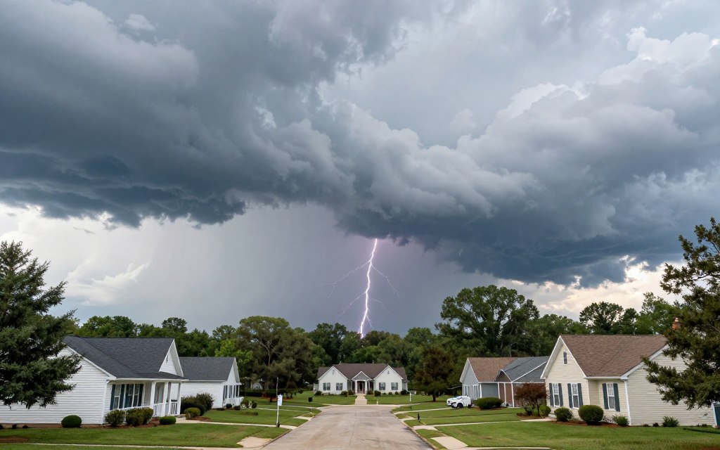 Afternoon thunderstorm approaching Woodstock neighborhood with dark clouds