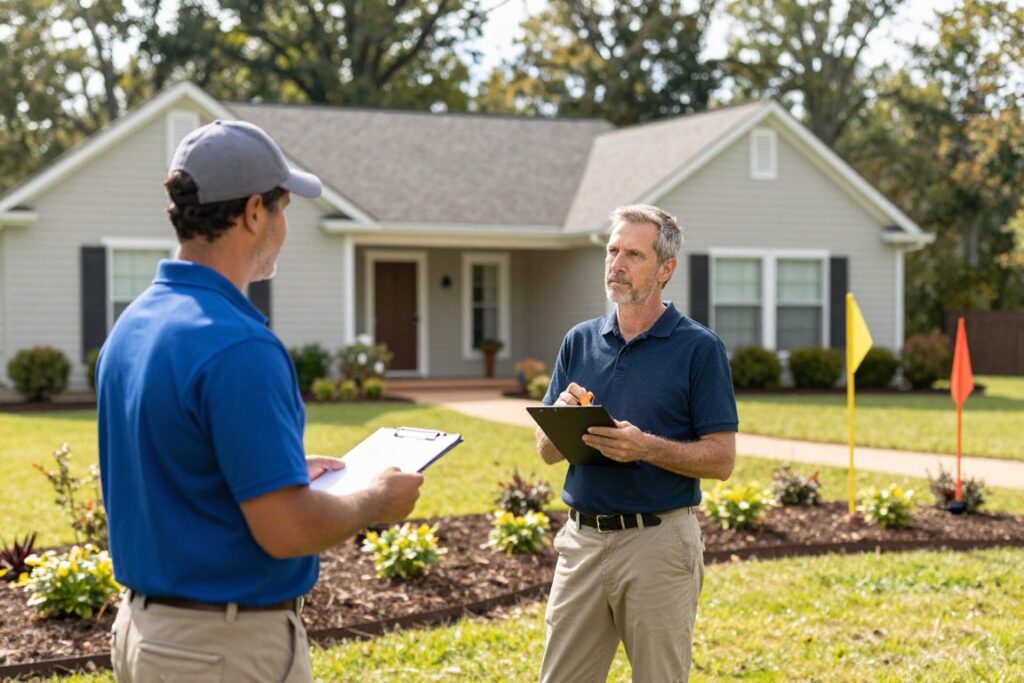 Aragon Landscaping technician conducting property assessment in Woodstock
