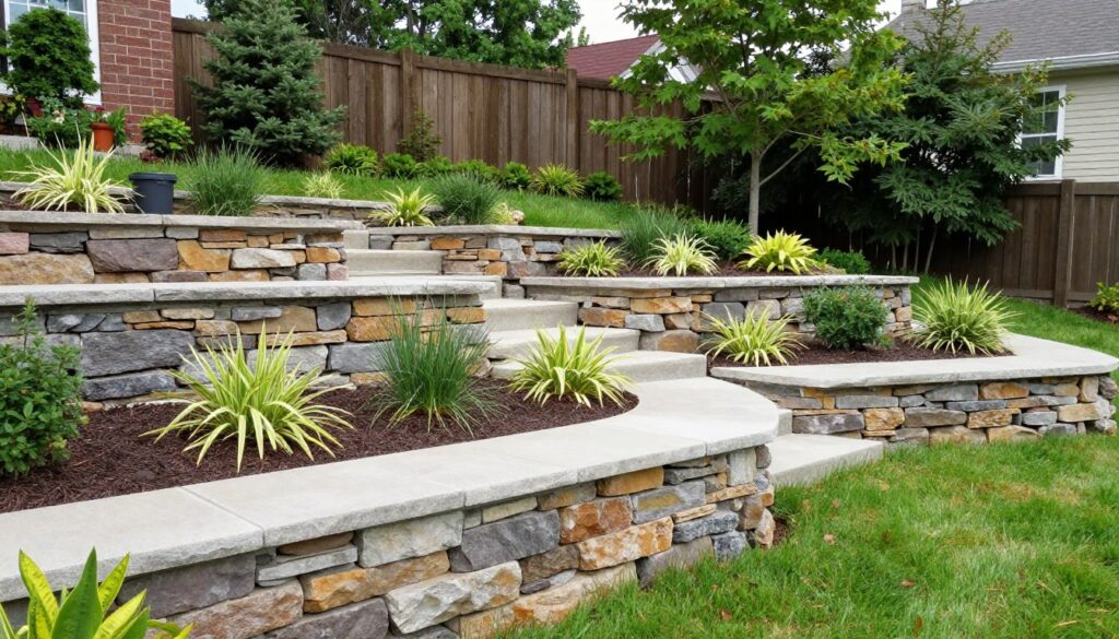 Beautiful terraced yard with retaining walls and professional landscaping