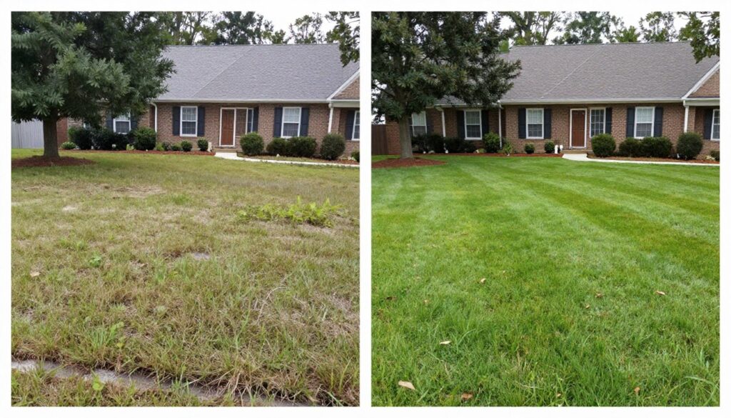 Before and after comparison of lawn maintenance transformation in Woodstock