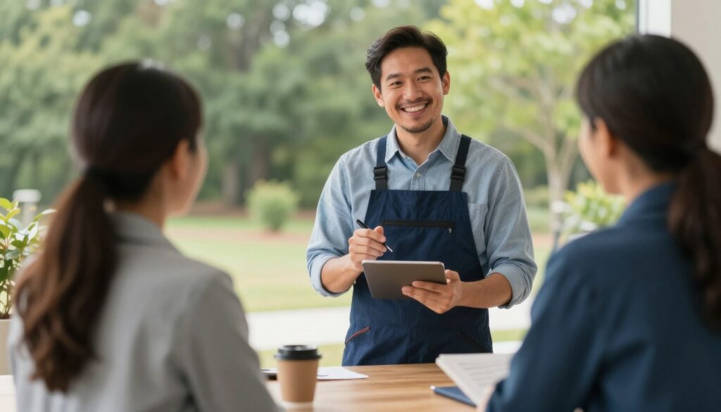 Business owner getting questions answered about commercial landscaping services