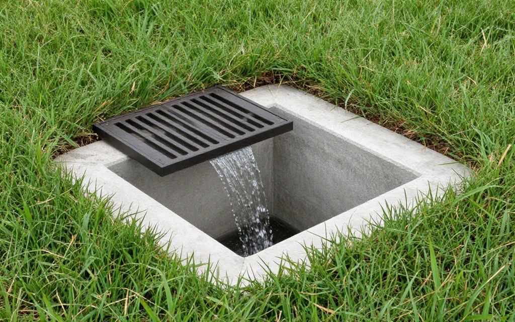 Catch basin drain installed in low spot collecting yard water