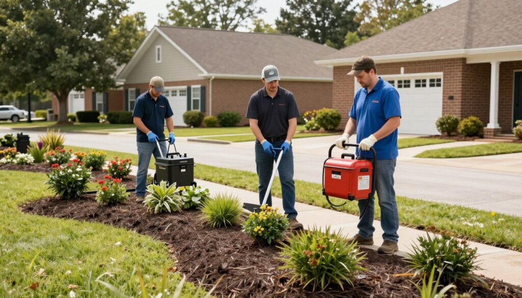 Commercial landscaping services being performed on business property in Woodstock